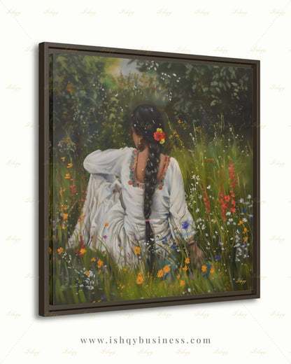 Punjabi Woman Wall Art, Wildflower Meadow Canvas Print, Indian Boho Nature Decor, Cottagecore Floral Art, Framed Canvas, Gift for Her