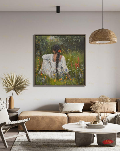 Punjabi Woman Wall Art, Wildflower Meadow Canvas Print, Indian Boho Nature Decor, Cottagecore Floral Art, Framed Canvas, Gift for Her