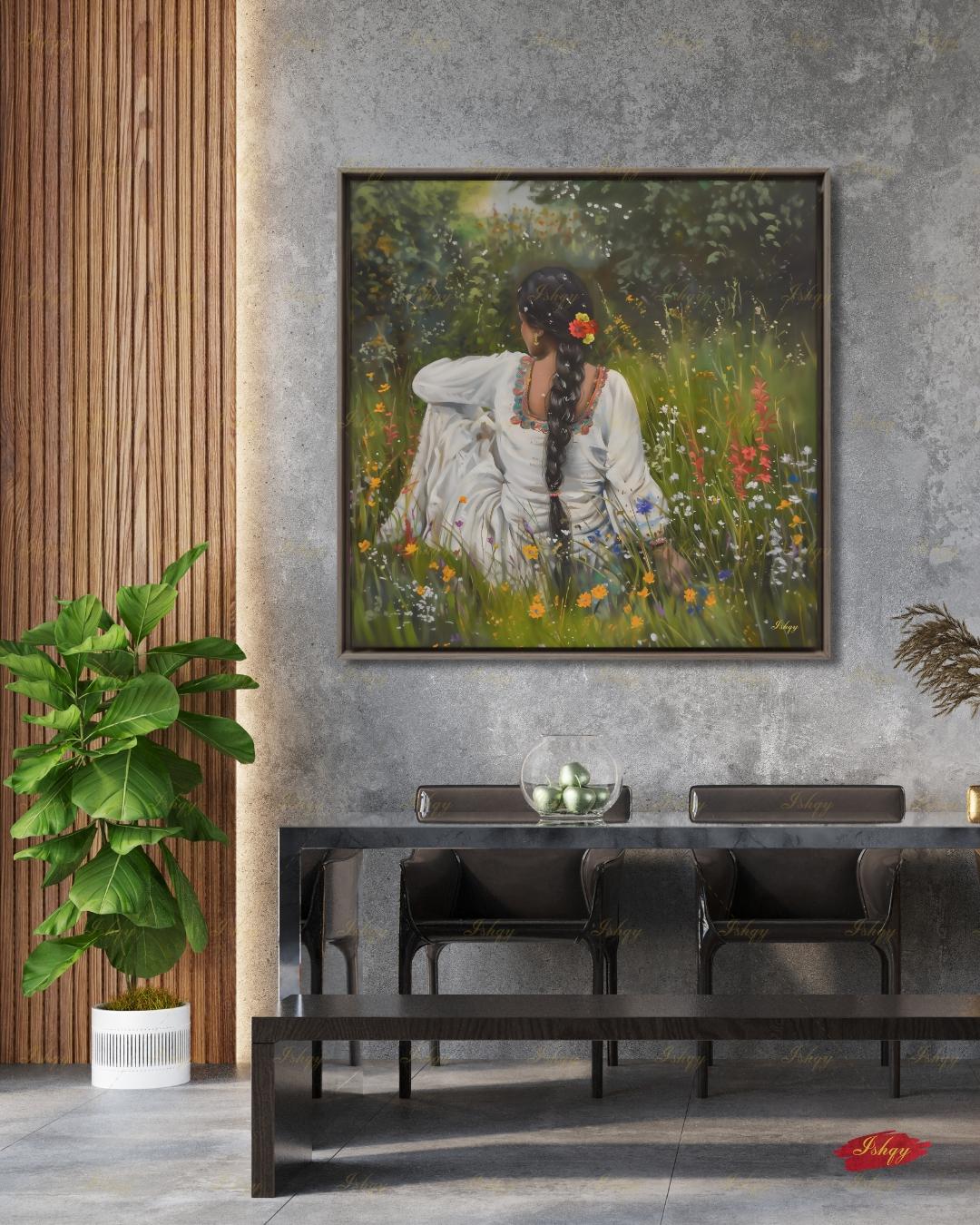 Punjabi Woman Wall Art, Wildflower Meadow Canvas Print, Indian Boho Nature Decor, Cottagecore Floral Art, Framed Canvas, Gift for Her