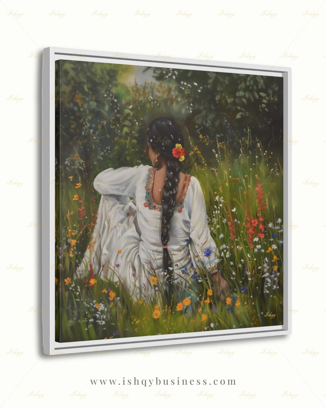Punjabi Woman Wall Art, Wildflower Meadow Canvas Print, Indian Boho Nature Decor, Cottagecore Floral Art, Framed Canvas, Gift for Her