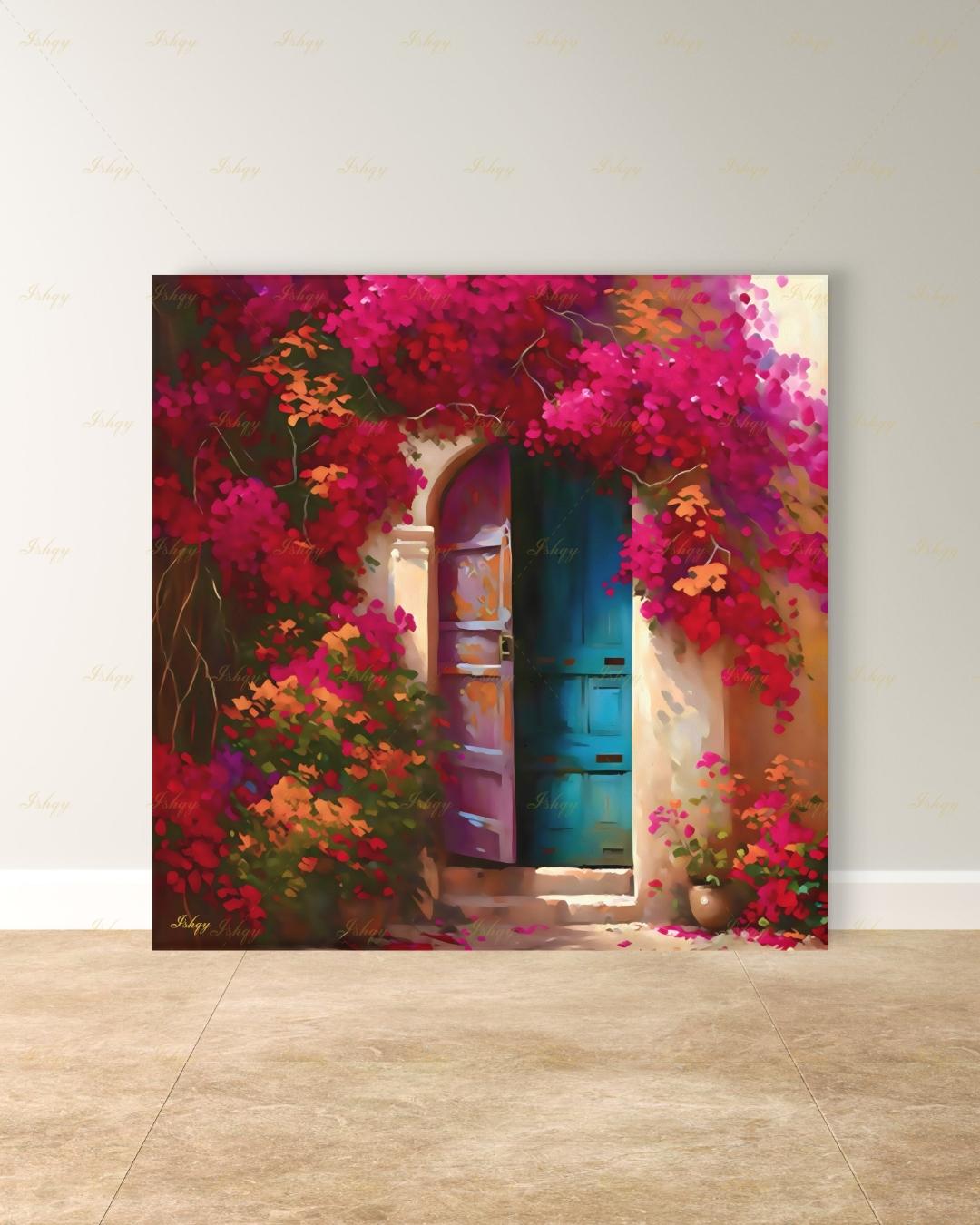 Bougainvillea Door Wall Art, Mexican Blue Door Canvas Print, Colorful Floral Latin America Decor, Boho Pink Flower Framed Canvas Gift