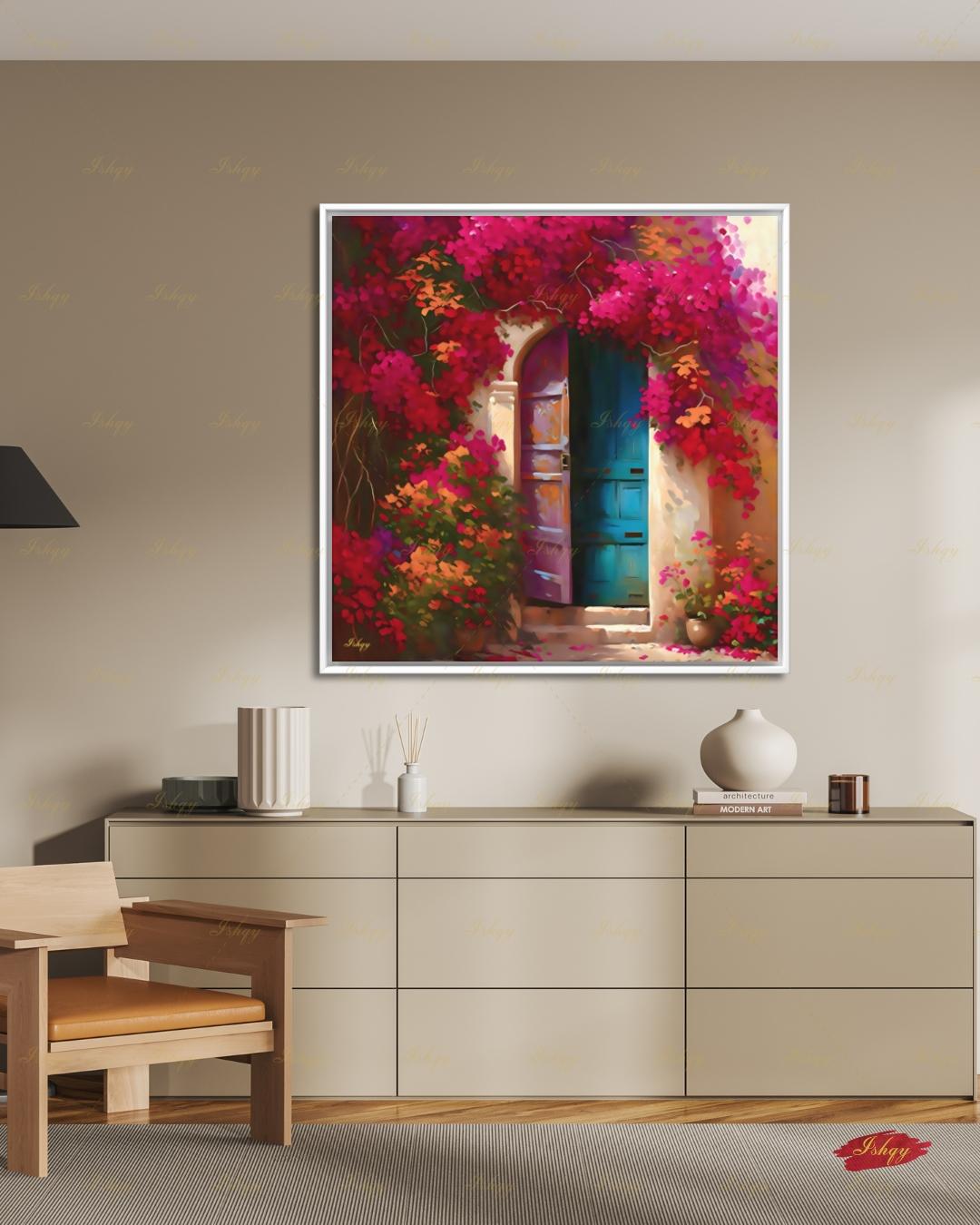 Bougainvillea Door Wall Art, Mexican Blue Door Canvas Print, Colorful Floral Latin America Decor, Boho Pink Flower Framed Canvas Gift