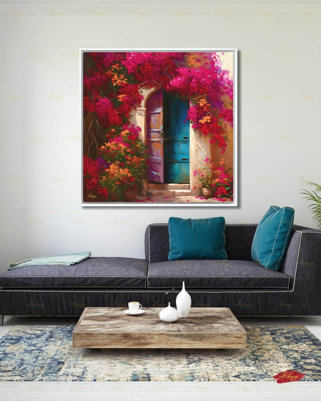 Bougainvillea Door Wall Art, Mexican Blue Door Canvas Print, Colorful Floral Latin America Decor, Boho Pink Flower Framed Canvas Gift