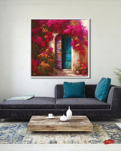 Bougainvillea Door Wall Art, Mexican Blue Door Canvas Print, Colorful Floral Latin America Decor, Boho Pink Flower Framed Canvas Gift