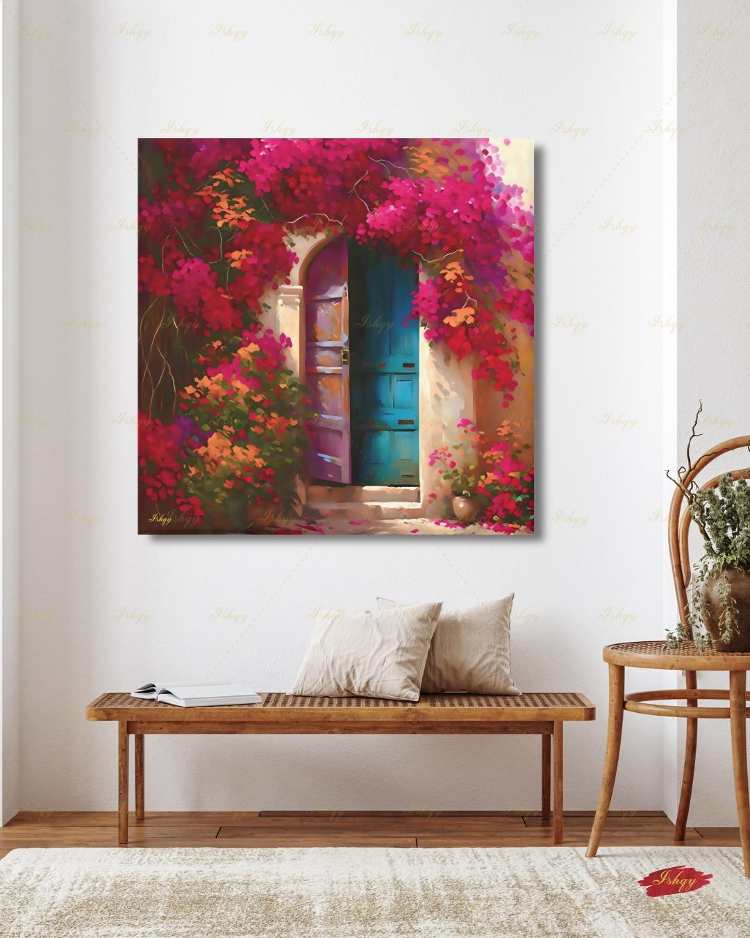 Bougainvillea Door Wall Art, Mexican Blue Door Canvas Print, Colorful Floral Latin America Decor, Boho Pink Flower Framed Canvas Gift