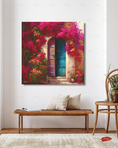 Bougainvillea Door Wall Art, Mexican Blue Door Canvas Print, Colorful Floral Latin America Decor, Boho Pink Flower Framed Canvas Gift