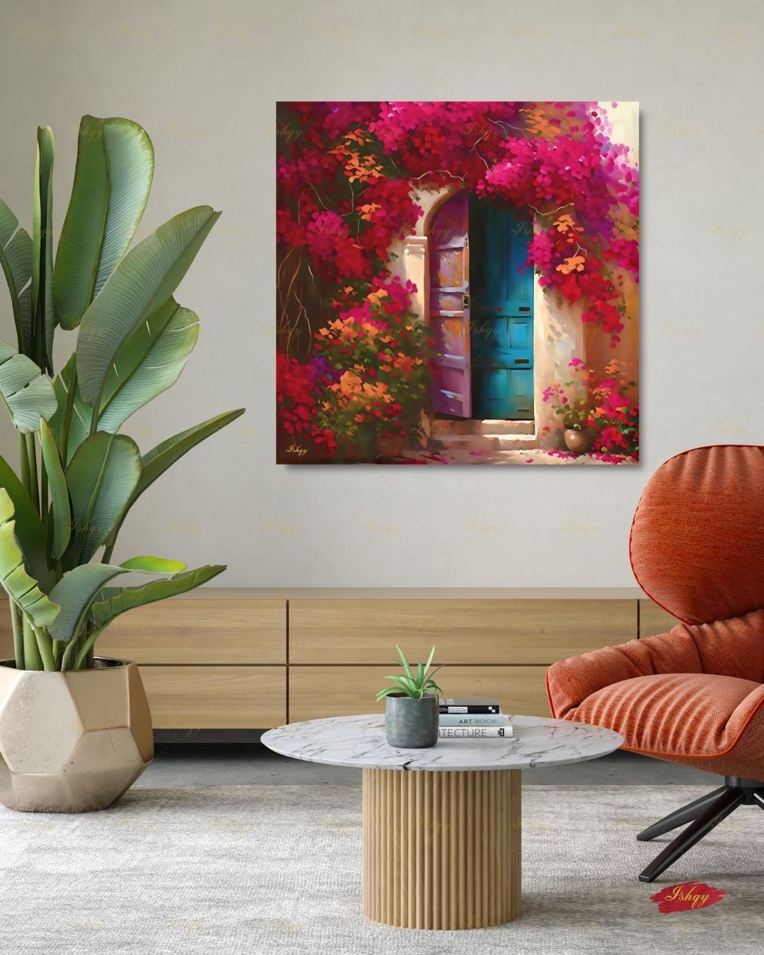 Bougainvillea Door Wall Art, Mexican Blue Door Canvas Print, Colorful Floral Latin America Decor, Boho Pink Flower Framed Canvas Gift