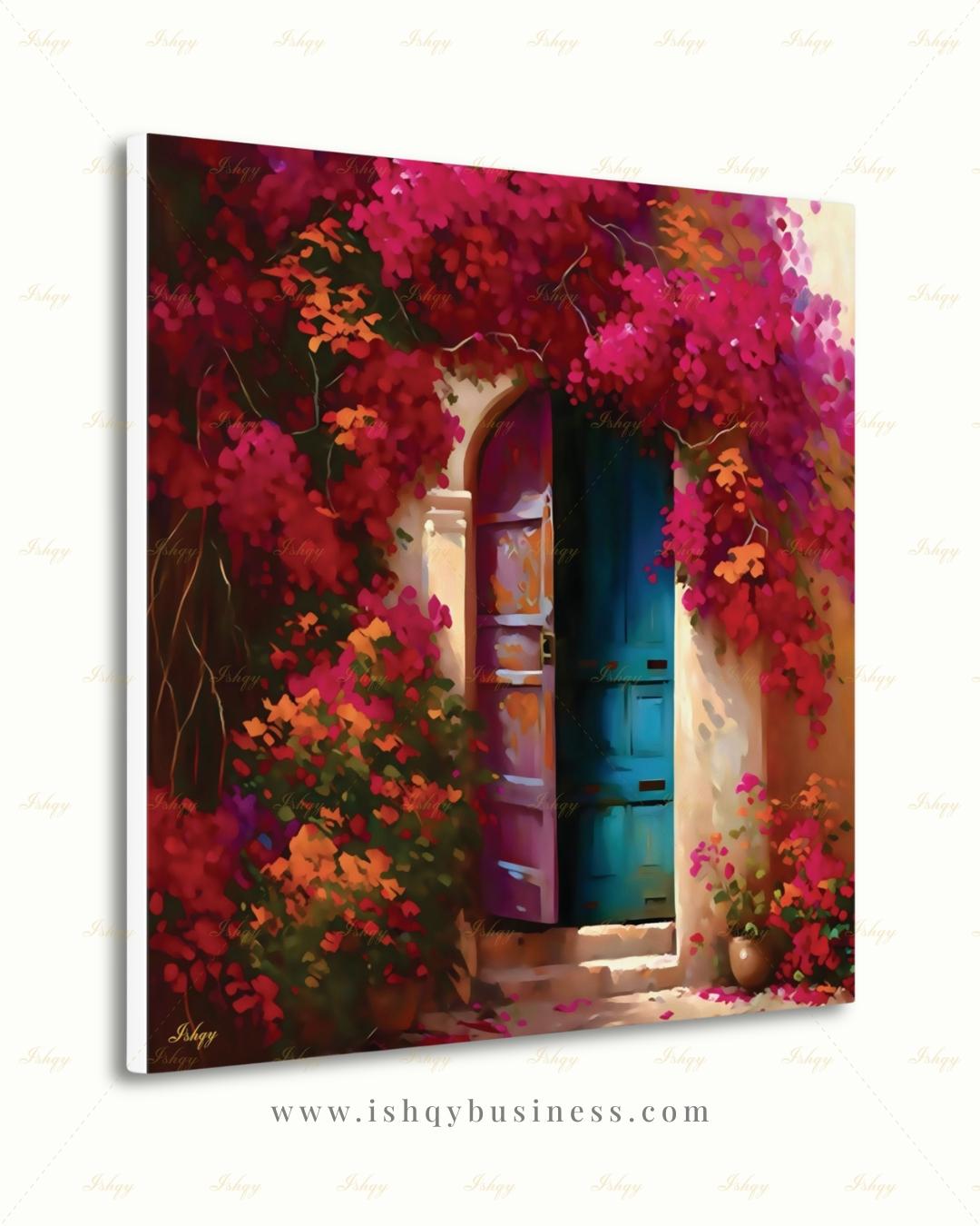Bougainvillea Door Wall Art, Mexican Blue Door Canvas Print, Colorful Floral Latin America Decor, Boho Pink Flower Framed Canvas Gift