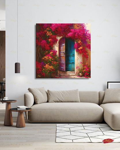 Bougainvillea Door Wall Art, Mexican Blue Door Canvas Print, Colorful Floral Latin America Decor, Boho Pink Flower Framed Canvas Gift