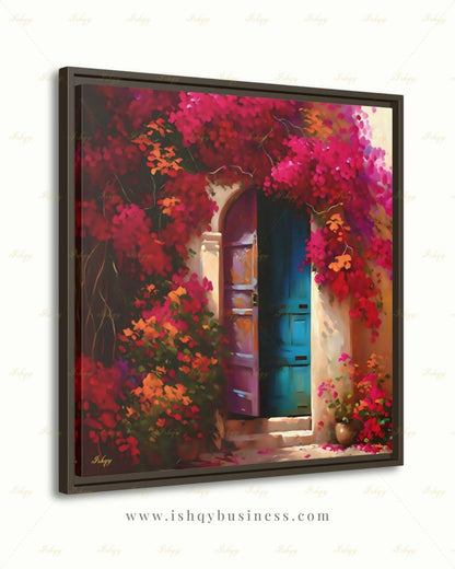 Bougainvillea Door Wall Art, Mexican Blue Door Canvas Print, Colorful Floral Latin America Decor, Boho Pink Flower Framed Canvas Gift