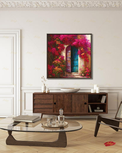 Bougainvillea Door Wall Art, Mexican Blue Door Canvas Print, Colorful Floral Latin America Decor, Boho Pink Flower Framed Canvas Gift