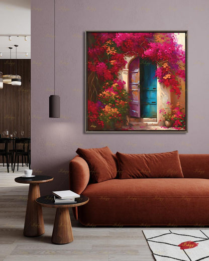 Bougainvillea Door Wall Art, Mexican Blue Door Canvas Print, Colorful Floral Latin America Decor, Boho Pink Flower Framed Canvas Gift