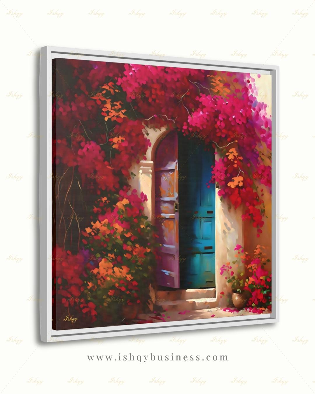 Bougainvillea Door Wall Art, Mexican Blue Door Canvas Print, Colorful Floral Latin America Decor, Boho Pink Flower Framed Canvas Gift