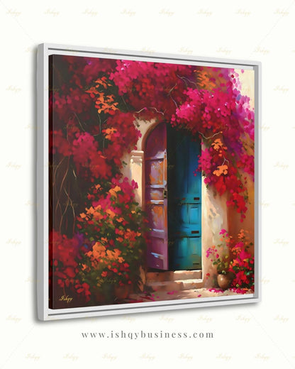 Bougainvillea Door Wall Art, Mexican Blue Door Canvas Print, Colorful Floral Latin America Decor, Boho Pink Flower Framed Canvas Gift
