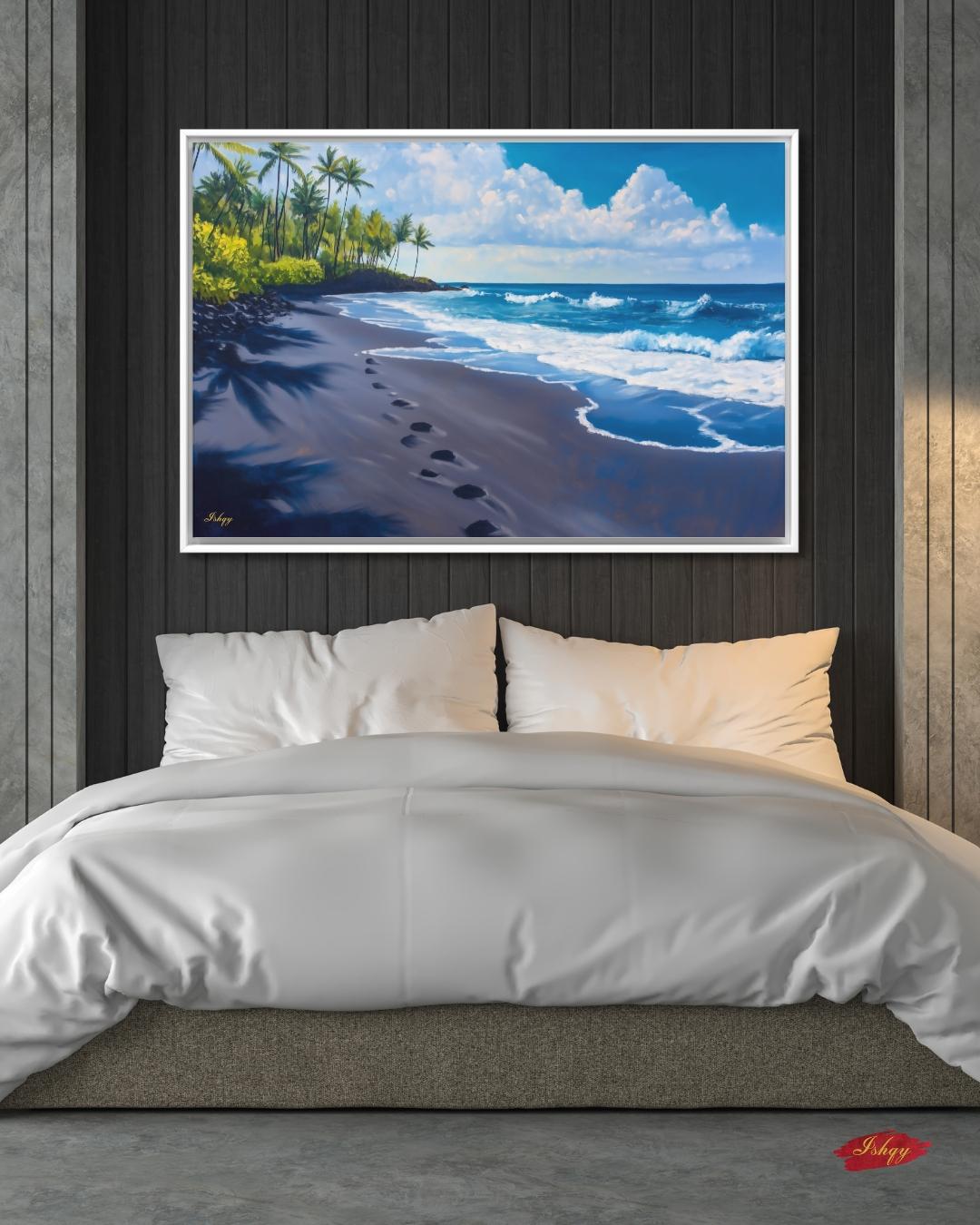 Punaluʻu Hawaii Beach Painting Print, Tropical Island Wall Art, Black Sand Shoreline Canvas Coastal Landscape for Beach House and Home Decor