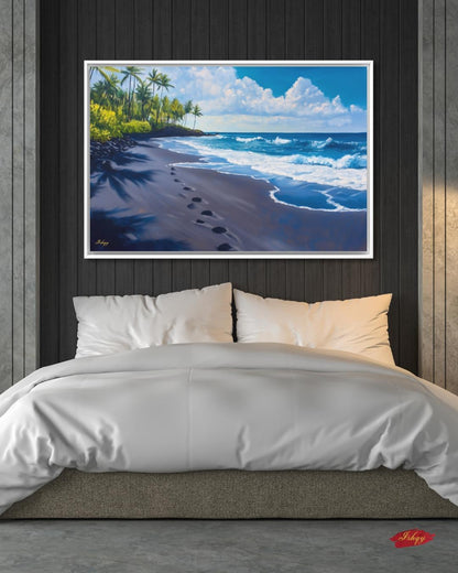 Punaluʻu Hawaii Beach Painting Print, Tropical Island Wall Art, Black Sand Shoreline Canvas Coastal Landscape for Beach House and Home Decor