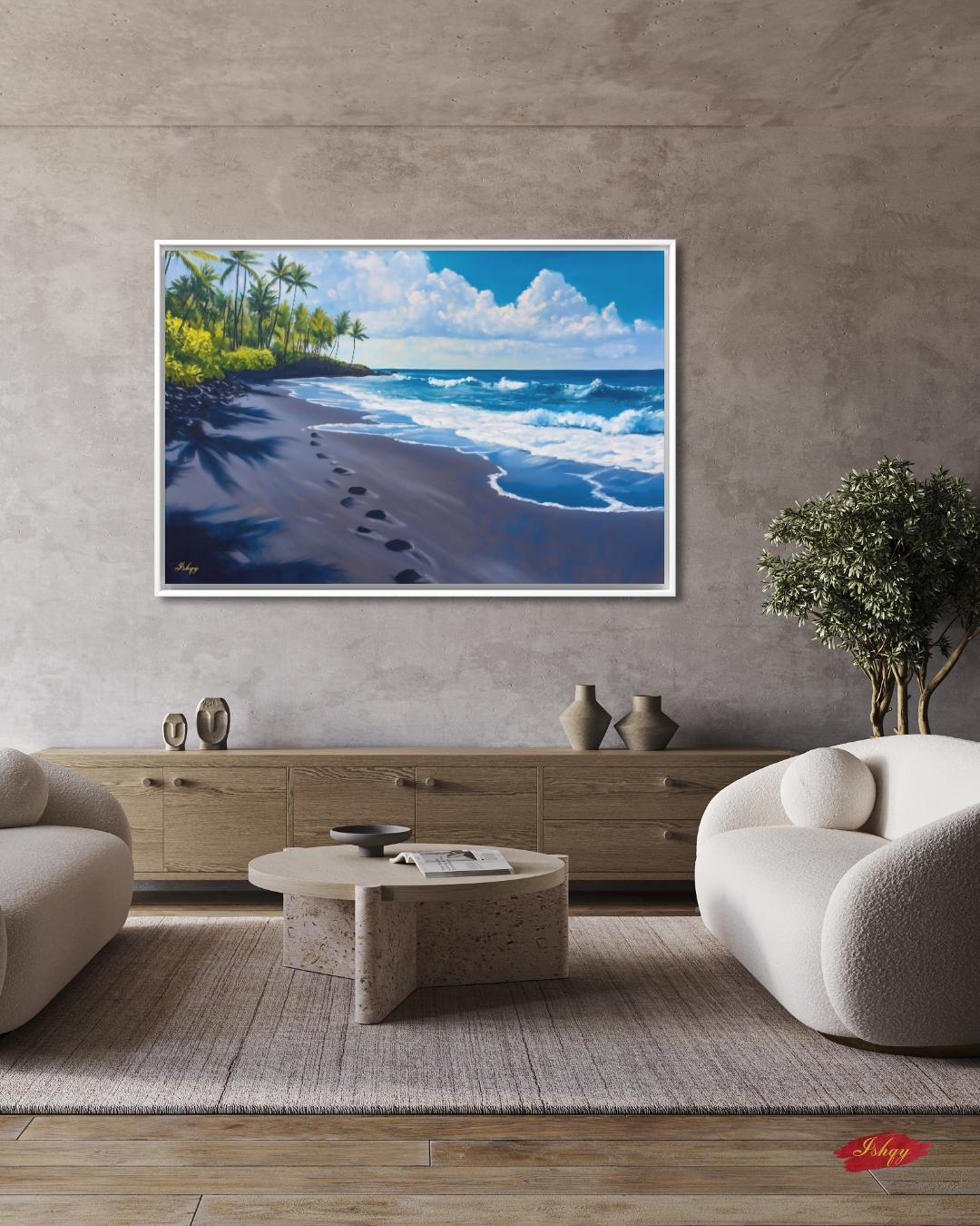 Punaluʻu Hawaii Beach Painting Print, Tropical Island Wall Art, Black Sand Shoreline Canvas Coastal Landscape for Beach House and Home Decor