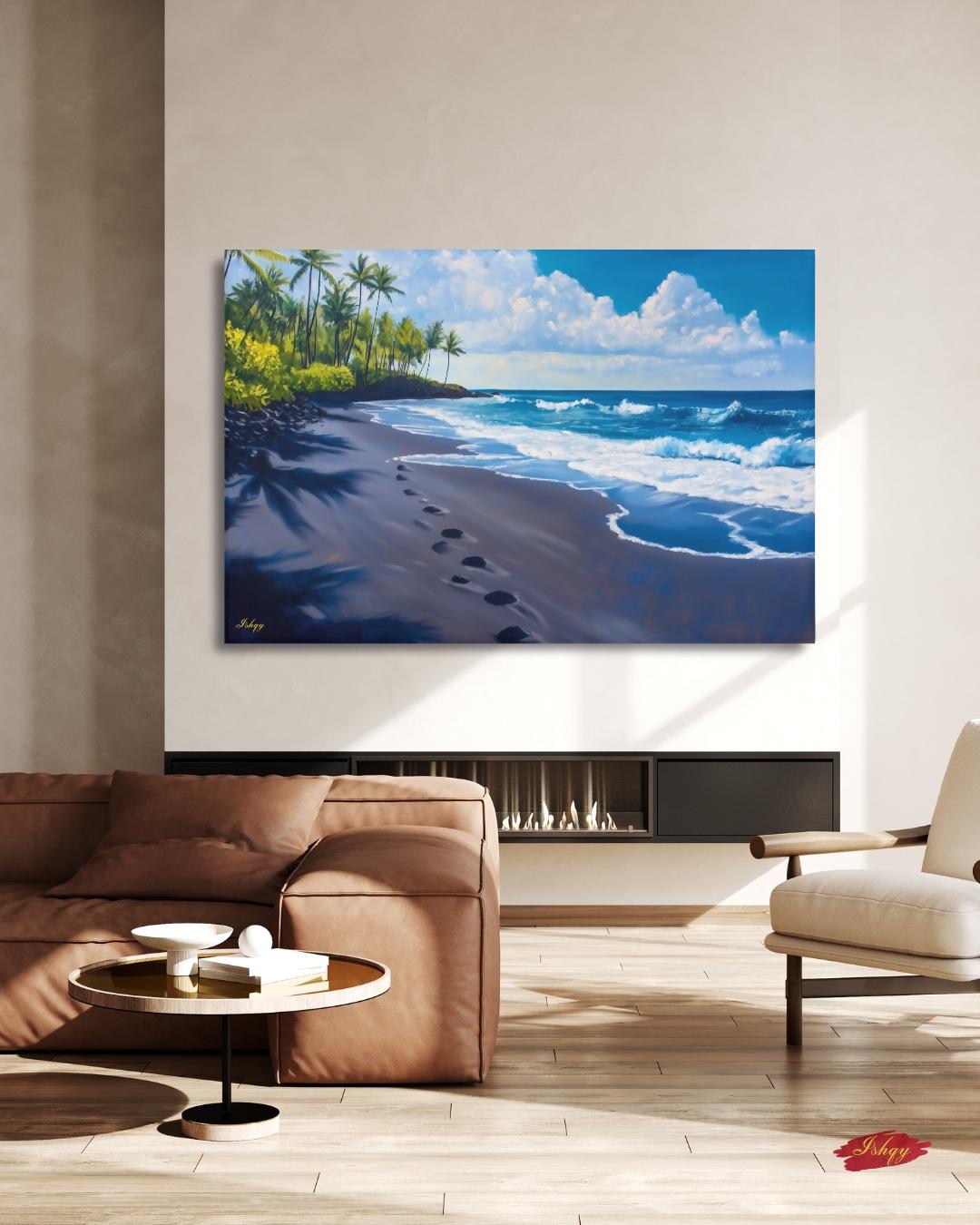Punaluʻu Hawaii Beach Painting Print, Tropical Island Wall Art, Black Sand Shoreline Canvas Coastal Landscape for Beach House and Home Decor