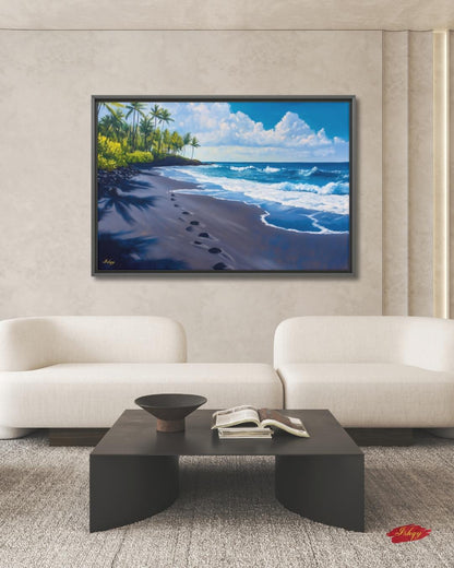 Punaluʻu Hawaii Beach Painting Print, Tropical Island Wall Art, Black Sand Shoreline Canvas Coastal Landscape for Beach House and Home Decor