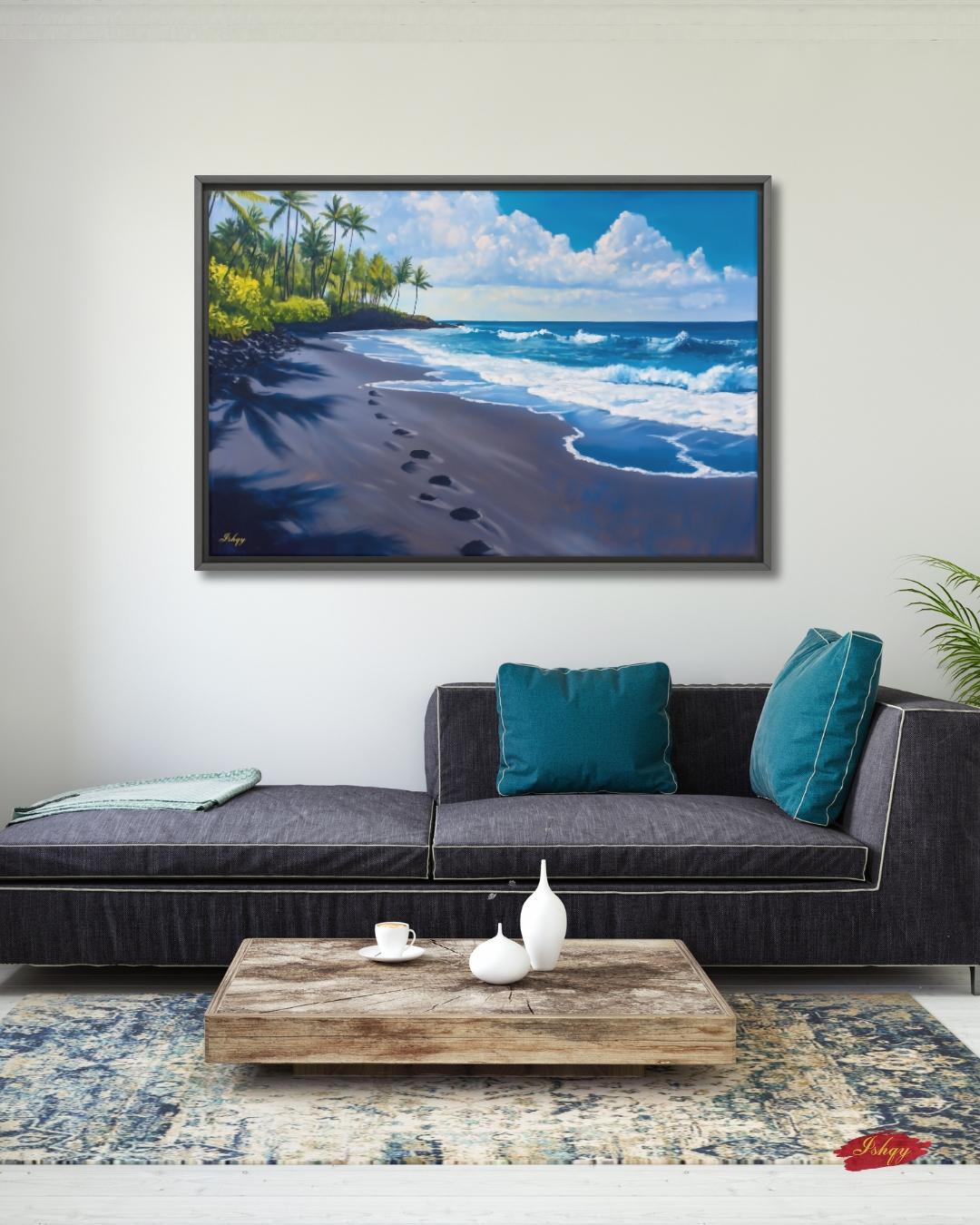 Punaluʻu Hawaii Beach Painting Print, Tropical Island Wall Art, Black Sand Shoreline Canvas Coastal Landscape for Beach House and Home Decor