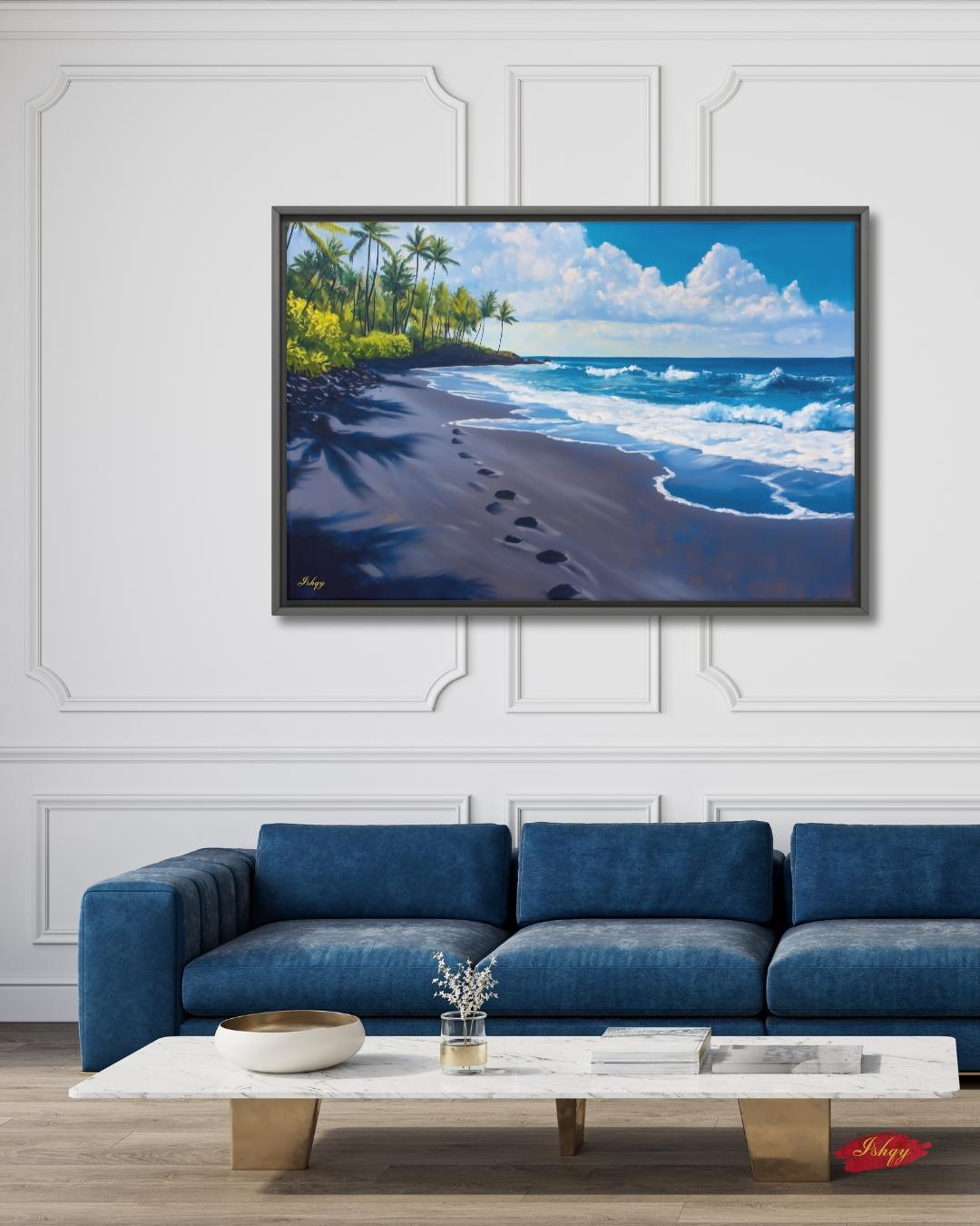 Punaluʻu Hawaii Beach Painting Print, Tropical Island Wall Art, Black Sand Shoreline Canvas Coastal Landscape for Beach House and Home Decor