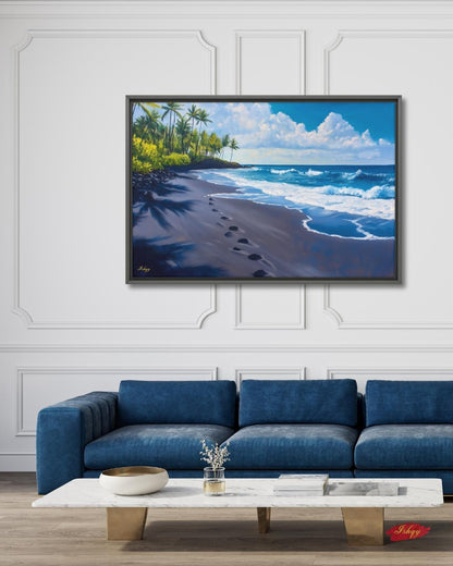 Punaluʻu Hawaii Beach Painting Print, Tropical Island Wall Art, Black Sand Shoreline Canvas Coastal Landscape for Beach House and Home Decor