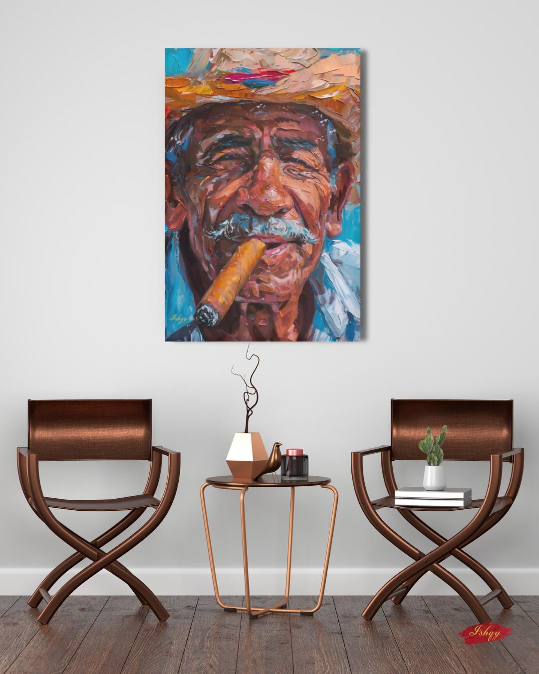 Salvadoran Man Portrait Painting Print, Canvas Framed Canvas, Cigar Smoker Art Print, Latin American Wall Art Living Room Vintage Home Decor