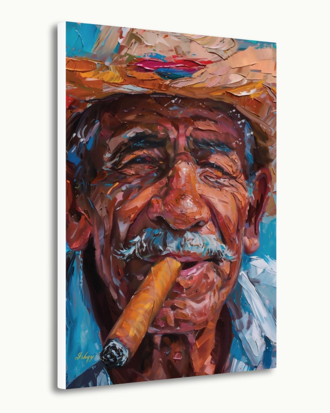 Salvadoran Man Portrait Painting Print, Canvas Framed Canvas, Cigar Smoker Art Print, Latin American Wall Art Living Room Vintage Home Decor