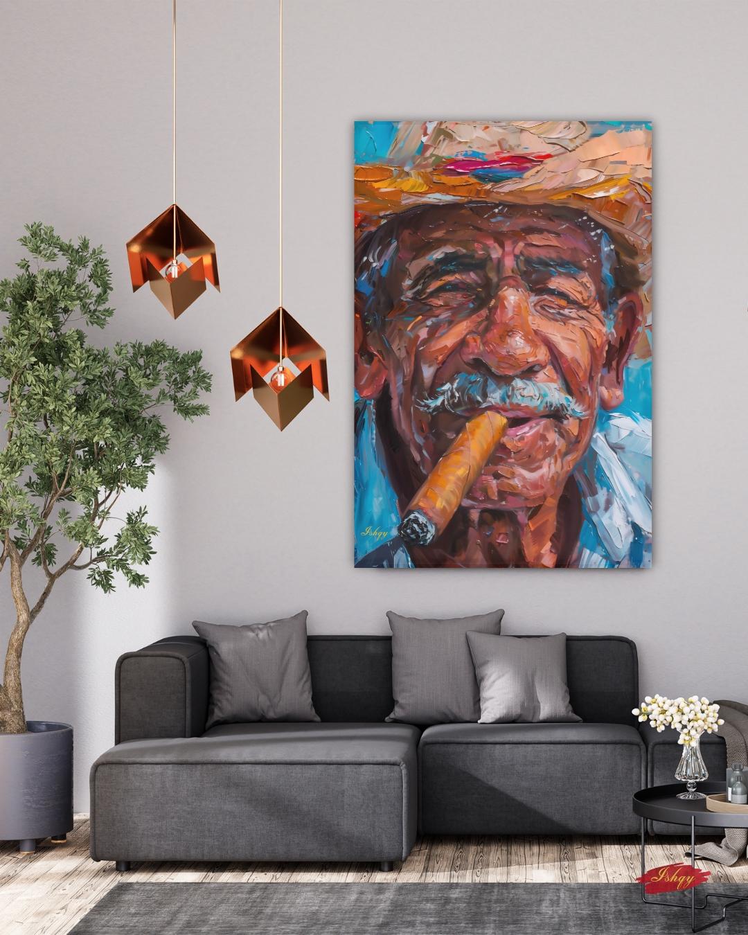 Salvadoran Man Portrait Painting Print, Canvas Framed Canvas, Cigar Smoker Art Print, Latin American Wall Art Living Room Vintage Home Decor