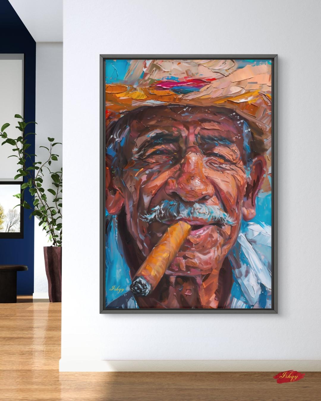 Salvadoran Man Portrait Painting Print, Canvas Framed Canvas, Cigar Smoker Art Print, Latin American Wall Art Living Room Vintage Home Decor
