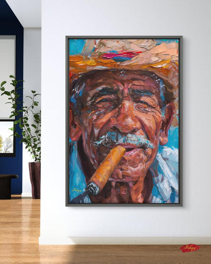 Salvadoran Man Portrait Painting Print, Canvas Framed Canvas, Cigar Smoker Art Print, Latin American Wall Art Living Room Vintage Home Decor