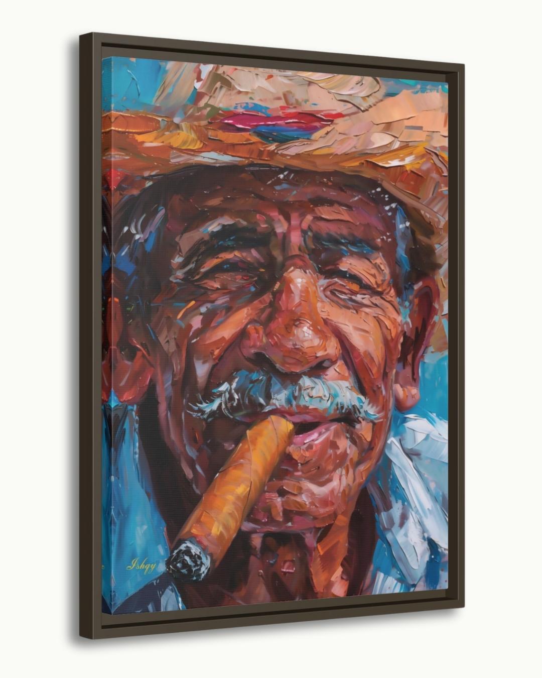 Salvadoran Man Portrait Painting Print, Canvas Framed Canvas, Cigar Smoker Art Print, Latin American Wall Art Living Room Vintage Home Decor