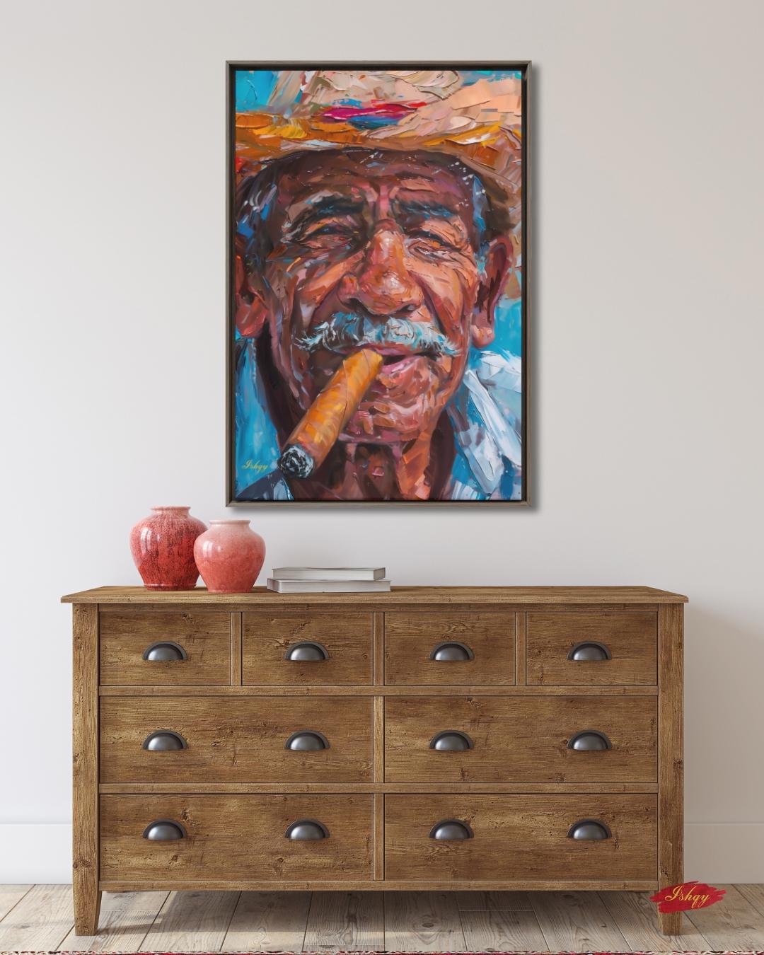 Salvadoran Man Portrait Painting Print, Canvas Framed Canvas, Cigar Smoker Art Print, Latin American Wall Art Living Room Vintage Home Decor