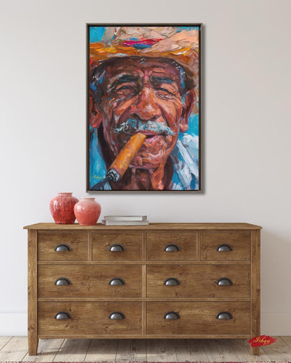 Salvadoran Man Portrait Painting Print, Canvas Framed Canvas, Cigar Smoker Art Print, Latin American Wall Art Living Room Vintage Home Decor