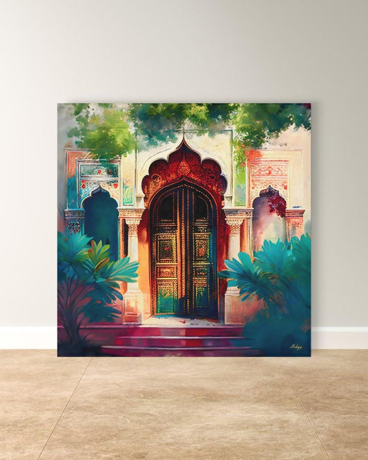 Indian Palace Doorway Art, Rajasthani Architecture Canvas Print, Vibrant Jaipur Entryway Painting, Colorful Cultural Wall Decor for Home