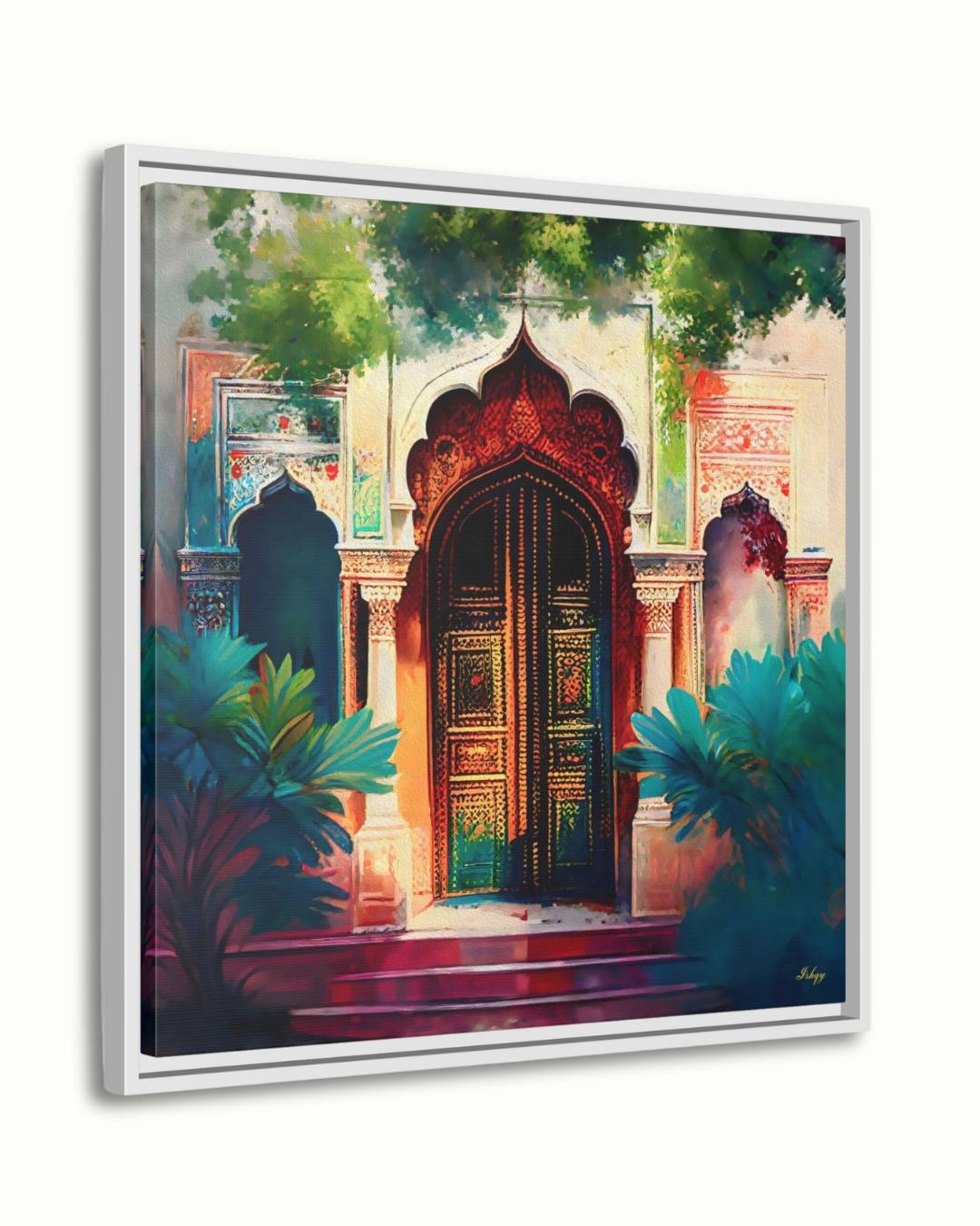 Indian Palace Doorway Art, Rajasthani Architecture Canvas Print, Vibrant Jaipur Entryway Painting, Colorful Cultural Wall Decor for Home