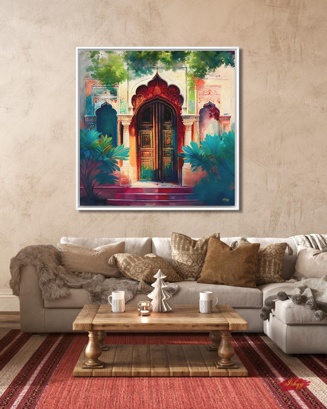 Indian Palace Doorway Art, Rajasthani Architecture Canvas Print, Vibrant Jaipur Entryway Painting, Colorful Cultural Wall Decor for Home