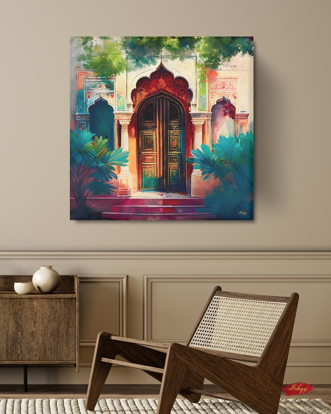 Indian Palace Doorway Art, Rajasthani Architecture Canvas Print, Vibrant Jaipur Entryway Painting, Colorful Cultural Wall Decor for Home