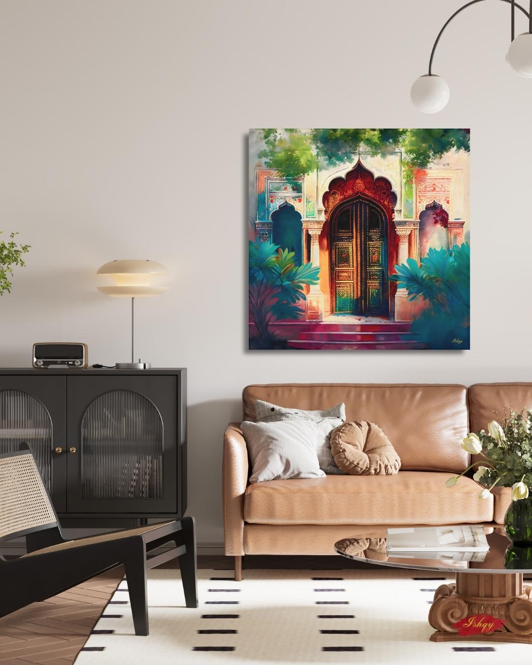 Indian Palace Doorway Art, Rajasthani Architecture Canvas Print, Vibrant Jaipur Entryway Painting, Colorful Cultural Wall Decor for Home