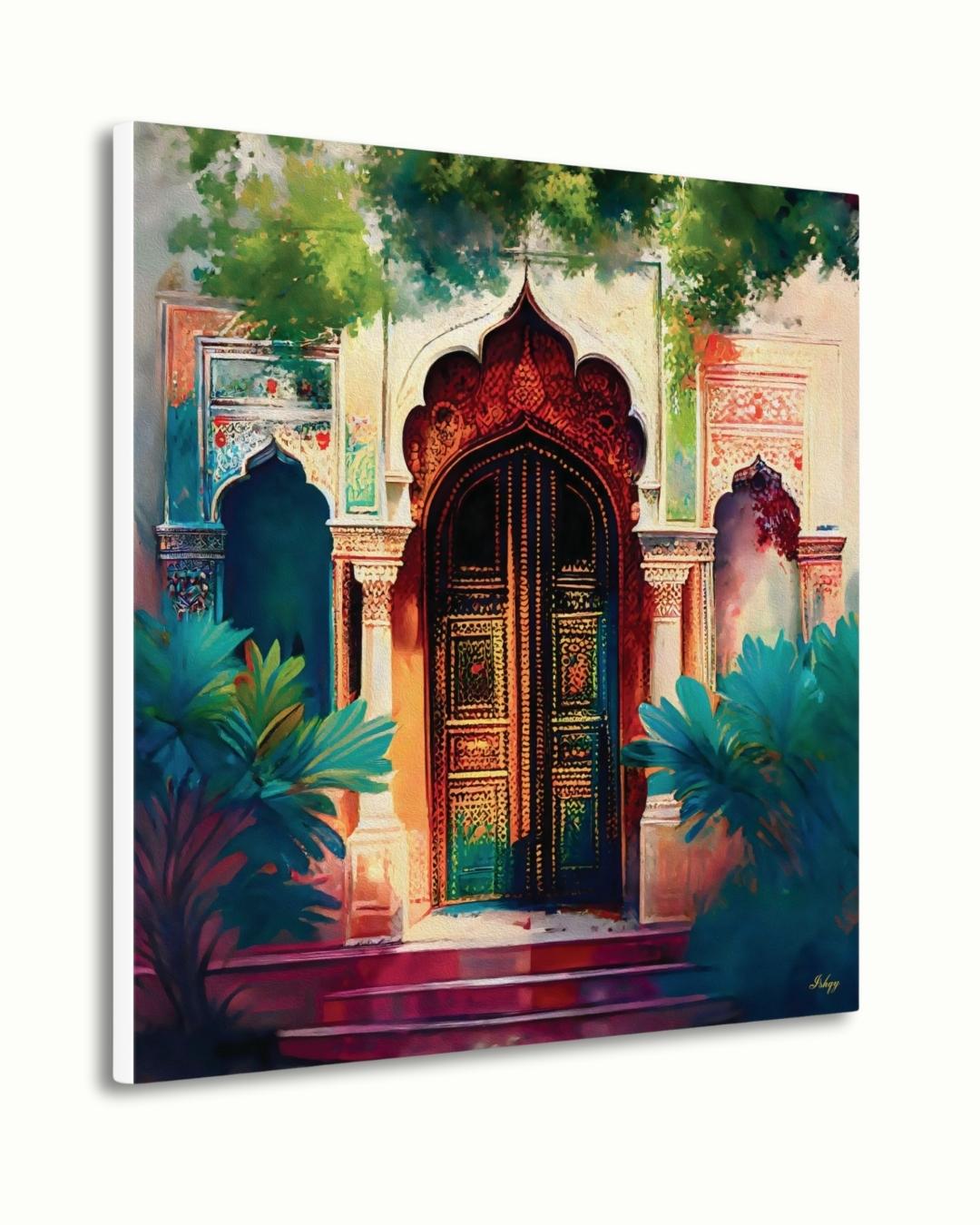 Indian Palace Doorway Art, Rajasthani Architecture Canvas Print, Vibrant Jaipur Entryway Painting, Colorful Cultural Wall Decor for Home