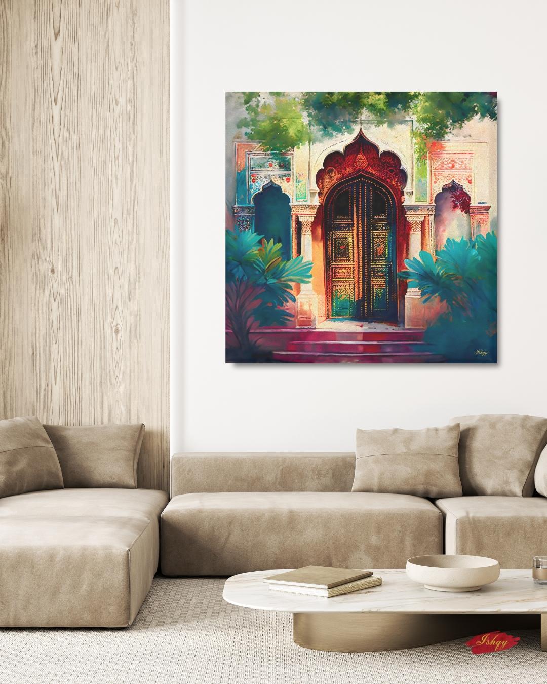 Indian Palace Doorway Art, Rajasthani Architecture Canvas Print, Vibrant Jaipur Entryway Painting, Colorful Cultural Wall Decor for Home