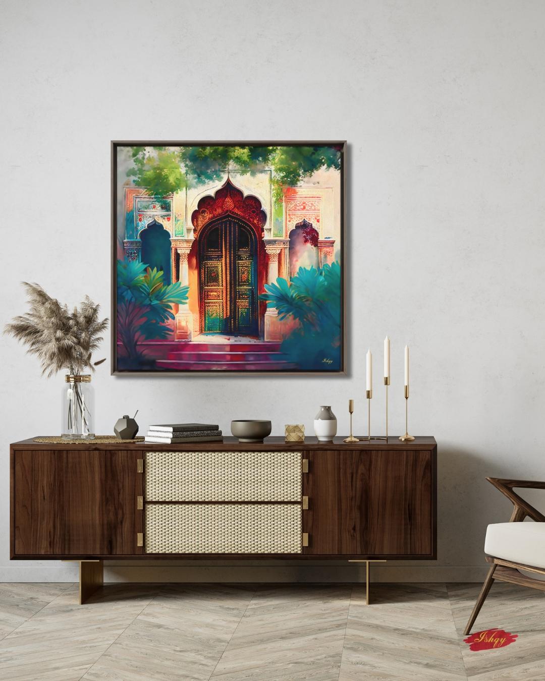 Indian Palace Doorway Art, Rajasthani Architecture Canvas Print, Vibrant Jaipur Entryway Painting, Colorful Cultural Wall Decor for Home