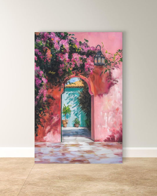 Moroccan Archway Painting Canvas Framed Canvas, Marrakech Doorway Wall Art Print, Bougainvillea Courtyard Decor For Living Room Entryway