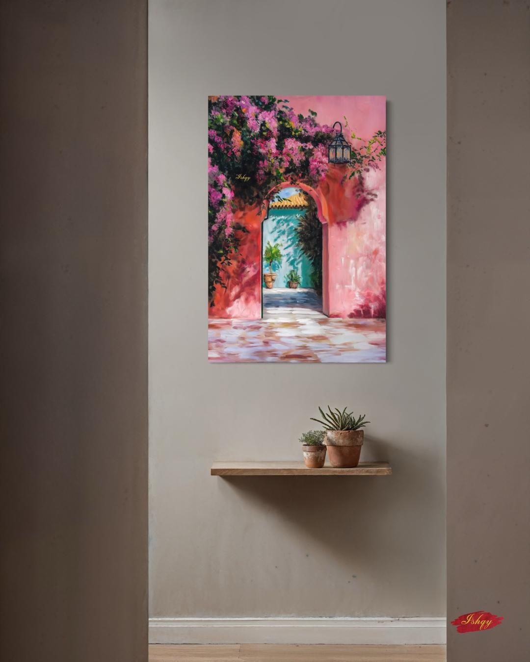 Moroccan Archway Painting Canvas Framed Canvas, Marrakech Doorway Wall Art Print, Bougainvillea Courtyard Decor For Living Room Entryway