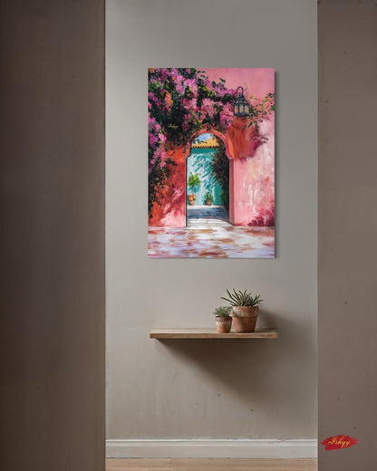 Moroccan Archway Painting Canvas Framed Canvas, Marrakech Doorway Wall Art Print, Bougainvillea Courtyard Decor For Living Room Entryway