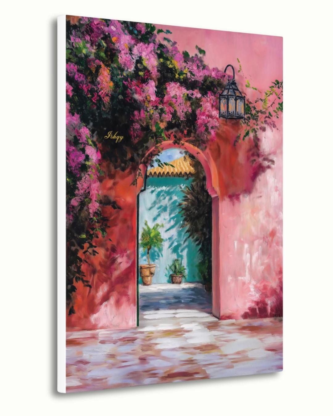 Moroccan Archway Painting Canvas Framed Canvas, Marrakech Doorway Wall Art Print, Bougainvillea Courtyard Decor For Living Room Entryway