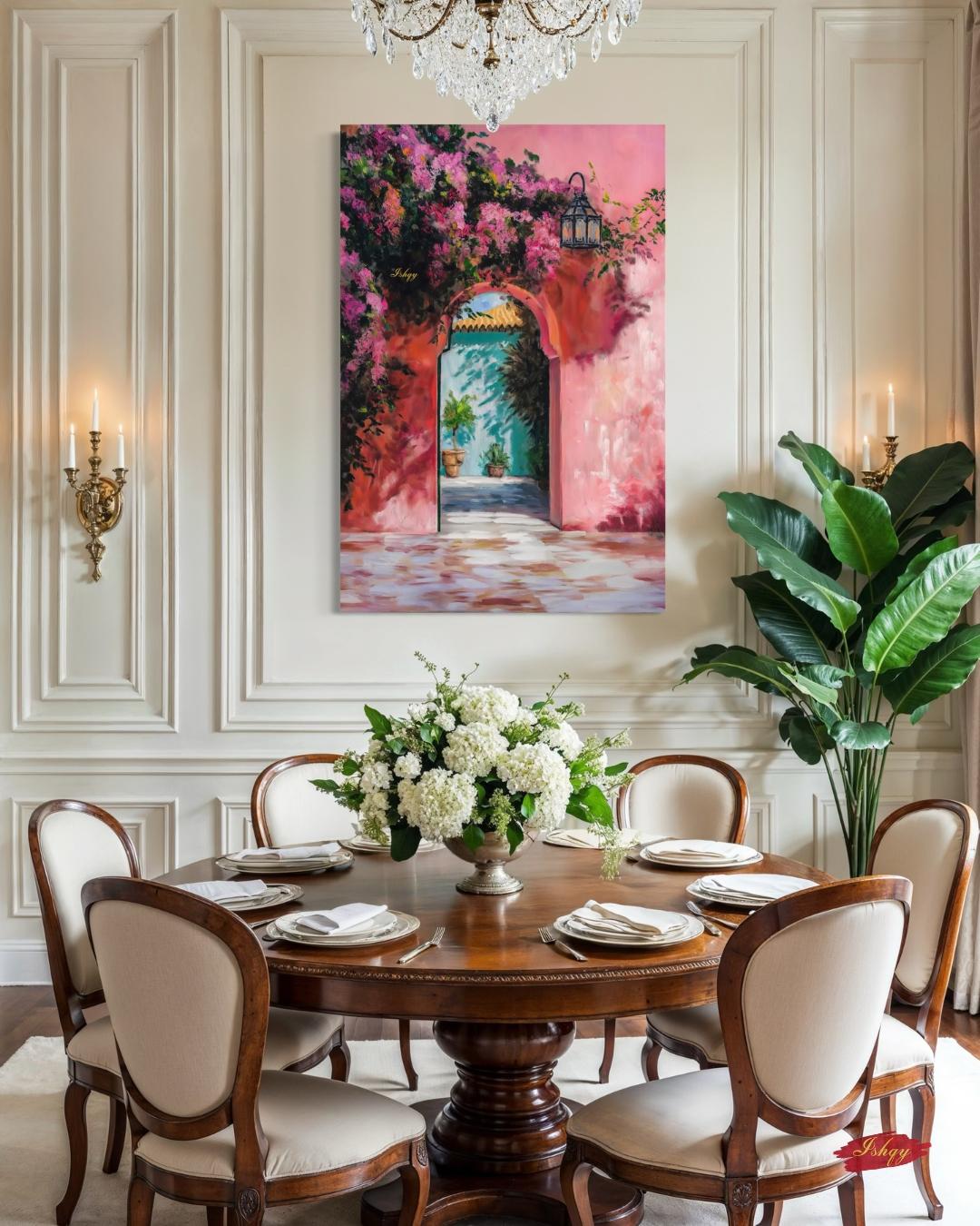 Moroccan Archway Painting Canvas Framed Canvas, Marrakech Doorway Wall Art Print, Bougainvillea Courtyard Decor For Living Room Entryway