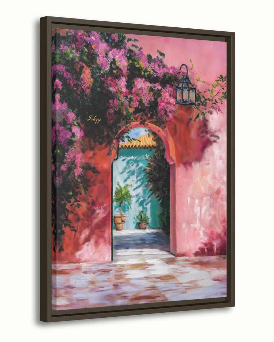 Moroccan Archway Painting Canvas Framed Canvas, Marrakech Doorway Wall Art Print, Bougainvillea Courtyard Decor For Living Room Entryway