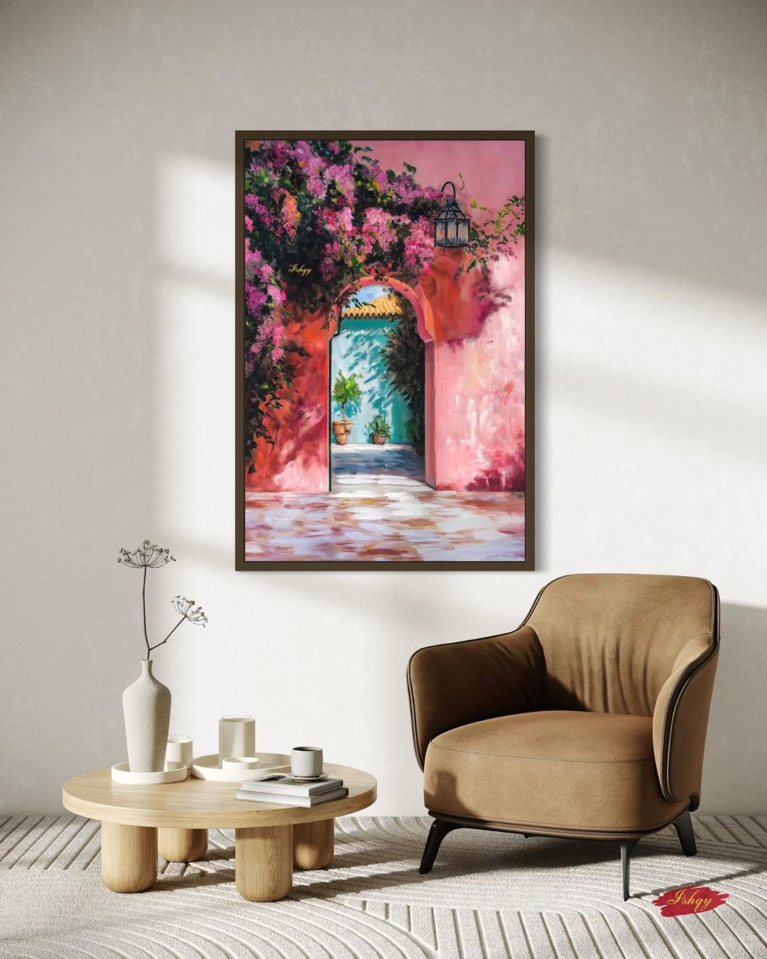 Moroccan Archway Painting Canvas Framed Canvas, Marrakech Doorway Wall Art Print, Bougainvillea Courtyard Decor For Living Room Entryway