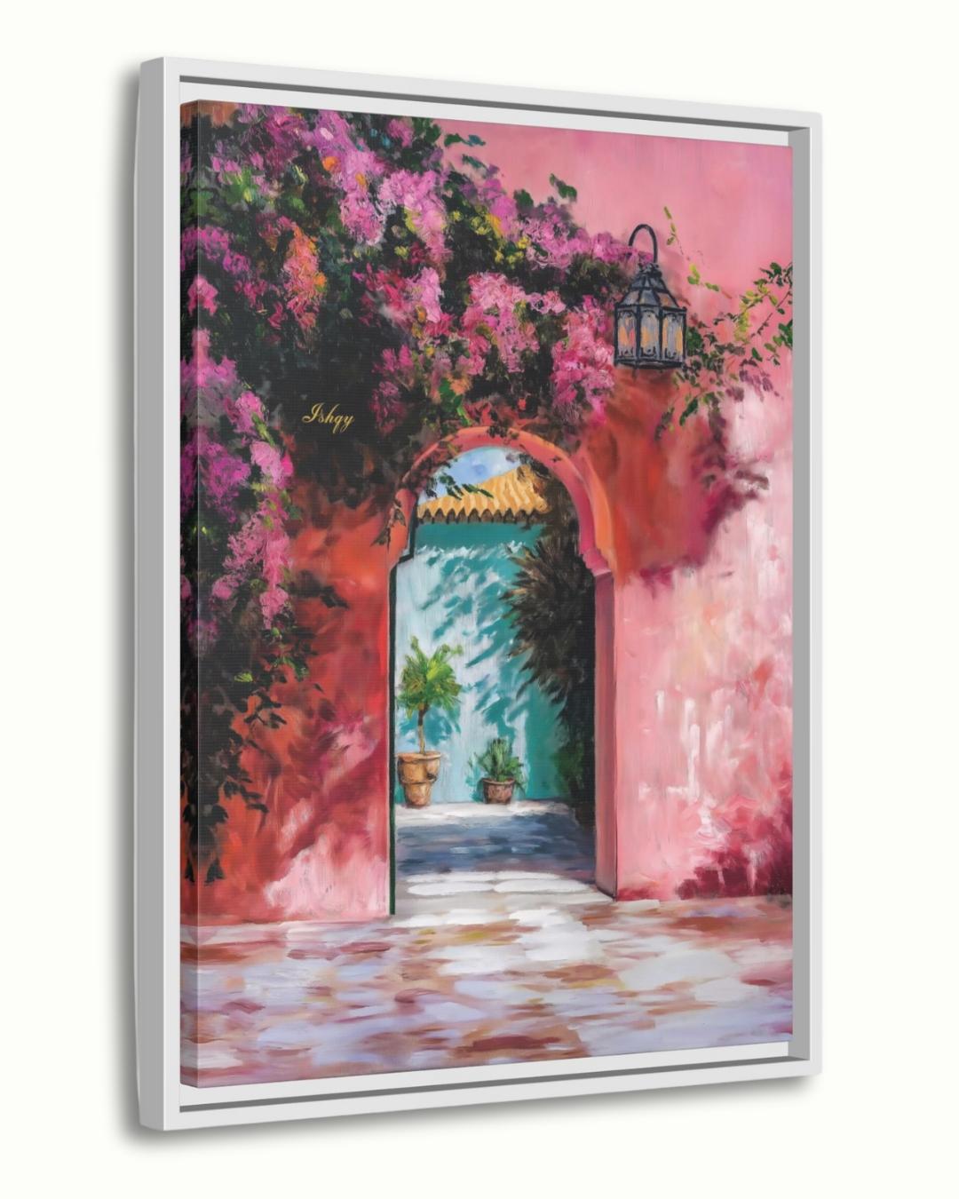 Moroccan Archway Painting Canvas Framed Canvas, Marrakech Doorway Wall Art Print, Bougainvillea Courtyard Decor For Living Room Entryway